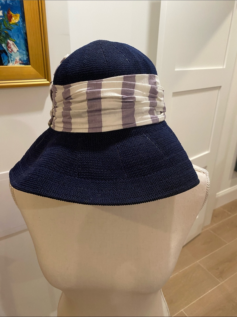 San Maroon Navy Knit Wide-Brim Hat with Cream and Lavender Stripe Band